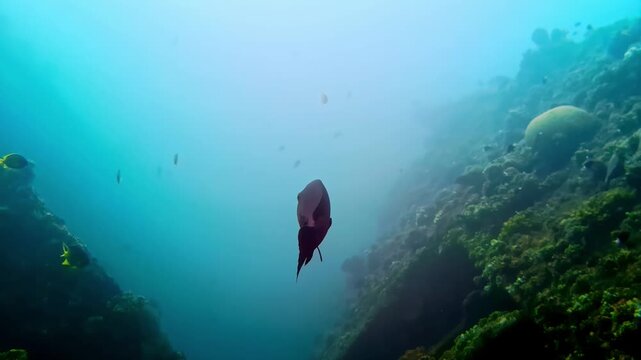 View of a fish swimming through vibrant coral reef formations in the clear blue waters of Bali, Indonesia.