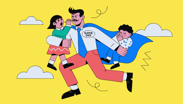 Super Dad superhero character carrying children, heroic father in blue cape and tie, flat vector illustration for Father's Day concept