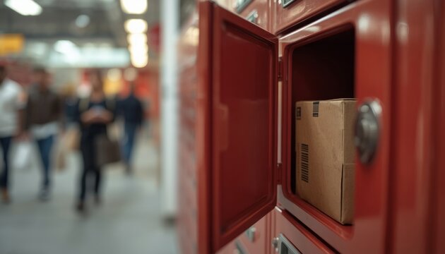 Cardboard parcel inside an open parcel locker ready for pickup. Concepts: ecommerce, logistics, last-mile delivery, online shopping, contactless service, convenience.