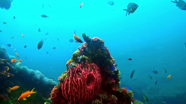 View of a vibrant coral reef teeming with colorful tropical fish and large red sponges in the clear blue waters of Bali, Indonesia.