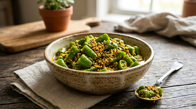 Spicy green chili pickle in a ceramic bowl. Traditional Indian condiment with aromatic spices.