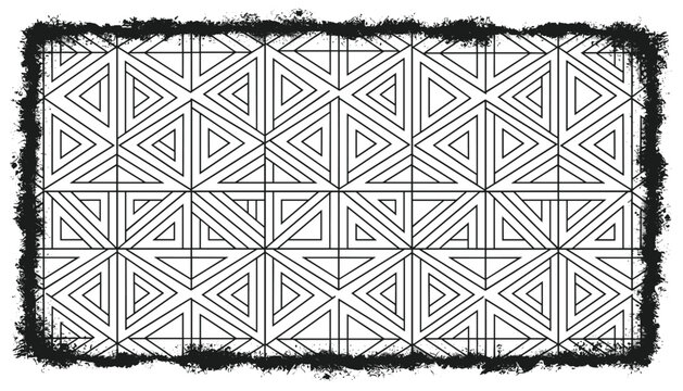 Repeating geometric triangle pattern frame with distressed grunge black borders, ideal for coloring page or texture element.