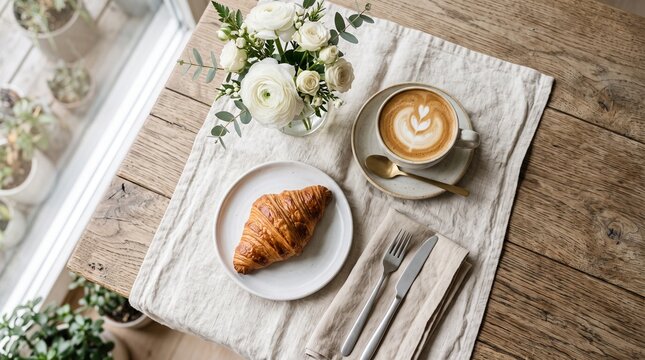 Top view of cozy morning breakfast setup on rustic wooden table by window