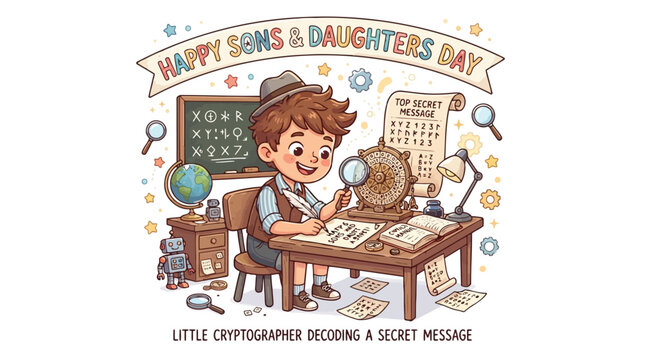 Little boy dressed as detective decoding secret messages at wooden desk with magnifying glass illustration