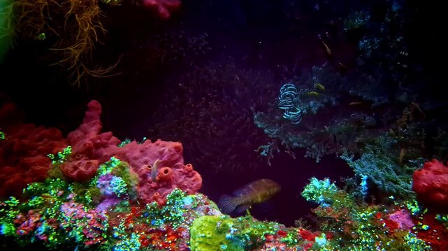 View of vibrant coral reef ecosystem with colorful sponges and tropical fish in the deep blue waters of Bali, Indonesia.