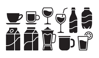 Obraz premium Collection of beverage containers and glasses icons including cups, bottles, cartons, glasses, and blender.