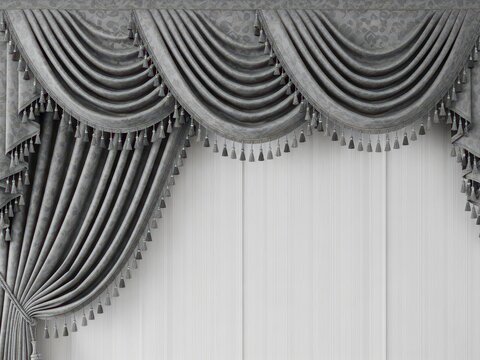 Elegant grey fabric curtain with tassels and valance
