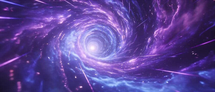 Purple Vortex Spiral in Cosmic Space, Glowing Nebula Cloud with Star Field, Abstract Motion Effect, Light Streaks, Dark Galaxy Background, Energy Tunnel, Swirl Portal, Radiant Warp Pattern