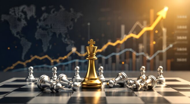 Business leadership and financial success concept with golden king chess piece standing among fallen pawns against global market growth chart
