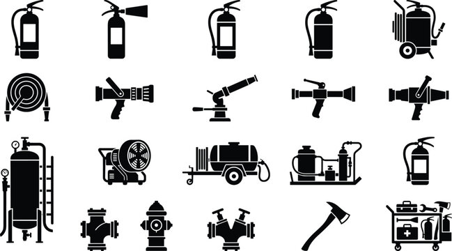 Collection of black firefighting equipment silhouettes featuring fire extinguishers, hoses, hydrants, and safety tools on white background