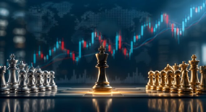 Global business strategy and stock market competition concept with glowing golden king on chessboard against financial candlestick chart