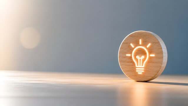 Creative idea innovation concept with glowing lightbulb icon on round wooden coin standing on desk