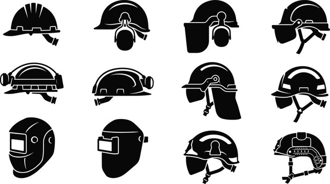 Collection of black industrial protective headgear silhouettes featuring construction hard hats and welding masks on white background