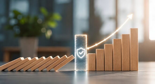 Risk management business protection concept with glowing shield stopping falling dominoes beside ascending growth chart