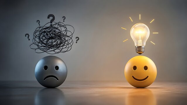Problem solving clarity concept with sad confused gray face transforming into happy yellow face with glowing lightbulb idea