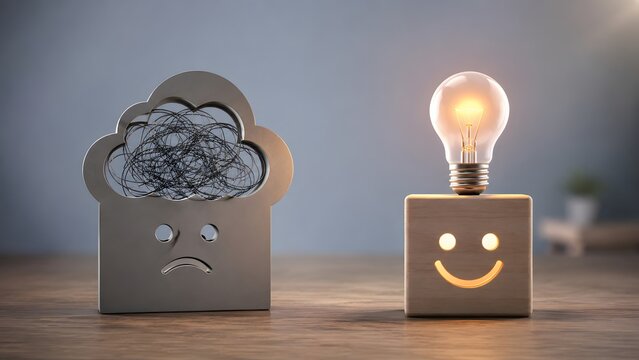 Mental health clarity and problem solving concept with sad tangled cloud transforming into happy face block with glowing lightbulb idea