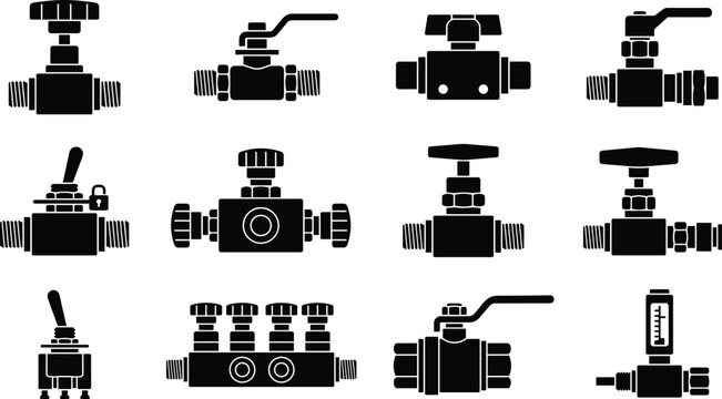 Collection of black industrial valve silhouettes featuring ball valves, gate valves, and manifolds on white background