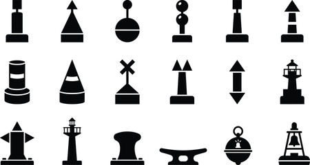 Collection of black marine navigation buoy, lighthouse, and mooring equipment silhouettes isolated on white background © SAIFUL