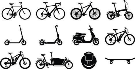 Collection of black micromobility transport silhouettes featuring bicycles, electric scooters, moped, cargo bike, and skateboard on white background © SAIFUL