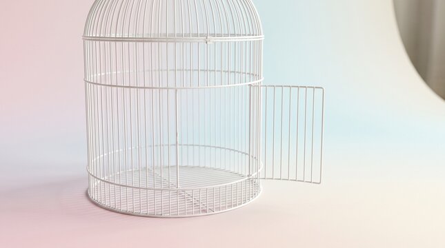 Empty white birdcage with open door. Decorative wire cage for home decor or concept art.