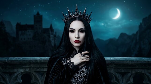 Gothic vampire queen in a dark crown. Fantasy woman standing before a spooky castle.