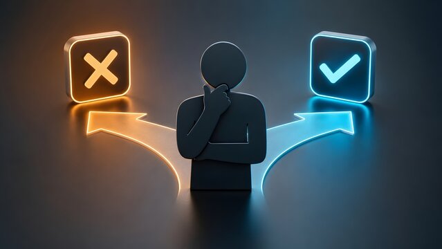 Decision making crossroads concept with silhouette person choosing between blue checkmark and orange cross paths