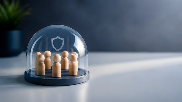 Team protection and family insurance concept with wooden figures standing safely under glass dome with shield icon