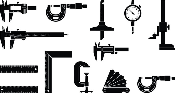 Collection of black precision measuring tool silhouettes featuring calipers, micrometers and gauges on white background