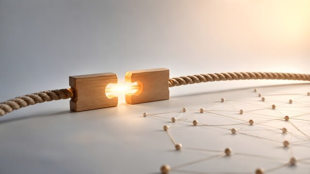 Business partnership and connection concept with wooden puzzle pieces joining on rope against network background