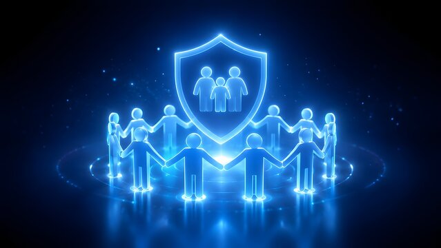 Family life insurance and community protection concept with glowing blue holographic people circling a shield