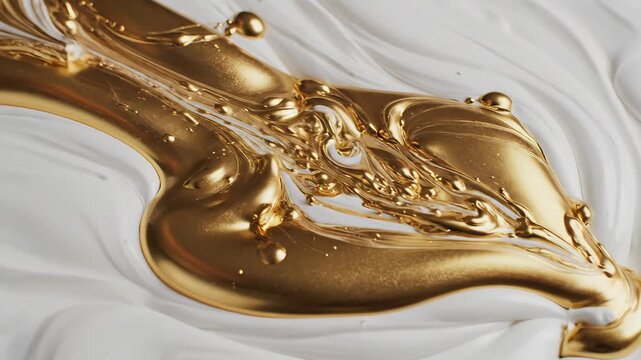 Luxurious golden liquid flowing and swirling over white creamy surface in slow motion. Perfect for luxury brand campaigns, award ceremonies, financial success visuals or high-end product launches