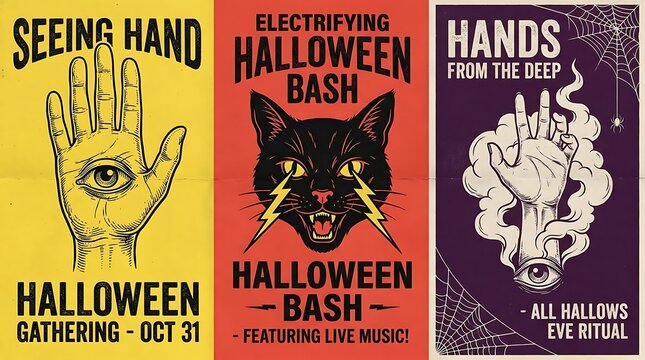 Halloween party posters set. Vintage style event flyers with occult and spooky graphics.