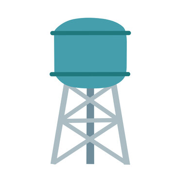 Flat illustration of an elevated water tower isolated on white background. Municipal water storage icon for public utilities, distribution systems, infrastructure, engineering, and water supply