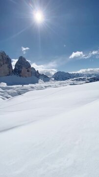 Skiing at Tre Cime di Lavaredo in winter, Dolomites, South Tyrol, Italy