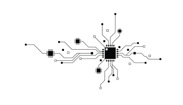 Black and white schematic circuit board diagram representing digital technology, microchips, and hardware.