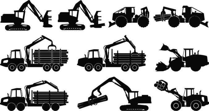 Collection of heavy logging equipment silhouettes featuring timber trucks, harvesters, and forestry machinery on white background