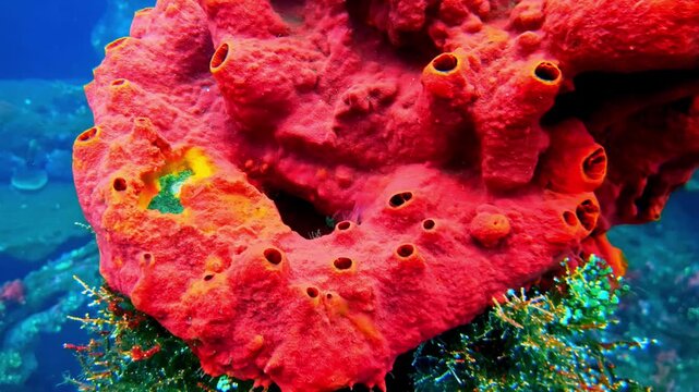 View of a vibrant red sea sponge with small fish on a colorful coral reef in the ocean off the coast of Bali, Indonesia.