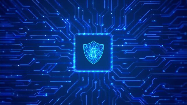 Secure processor lock interface visual cyan shield symbol, glowing circuit paths, futuristic blue 19 depth. cyber defense clips, login screens, software dashboards, security motion graphics.