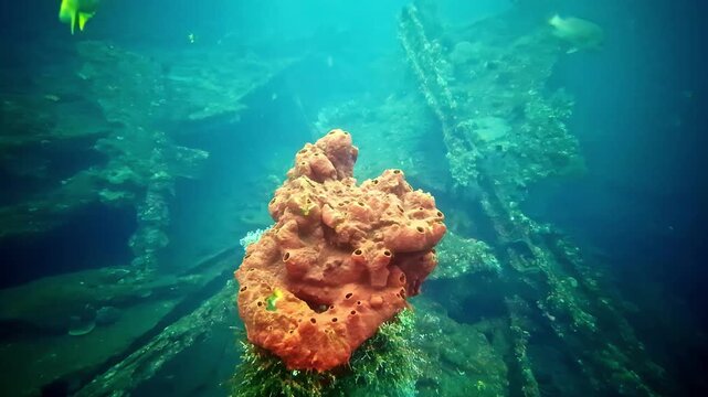 View of a large orange sponge growing on the rusted metal structure of an underwater shipwreck in the clear blue waters of Bali, Indonesia.