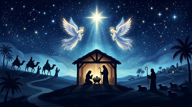 Nativity scene with angels and star. Christmas birth of Jesus in a stable at night.
