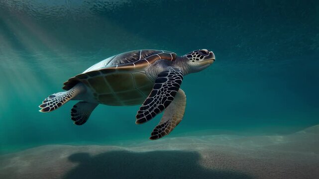 Graceful green sea turtle swimming near ocean floor in sunlit waters with illuminated natural light rays piercing surface gliding effortlessly