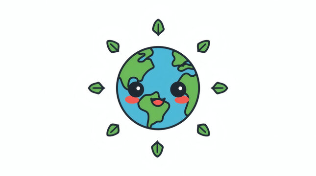 Cute Kawaii Planet Earth Character with Green Leaves for Earth Day Eco Friendly Concept Illustration