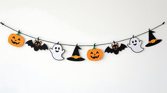 Halloween felt garland decoration. Festive bunting with pumpkins, ghosts, and witch hats.