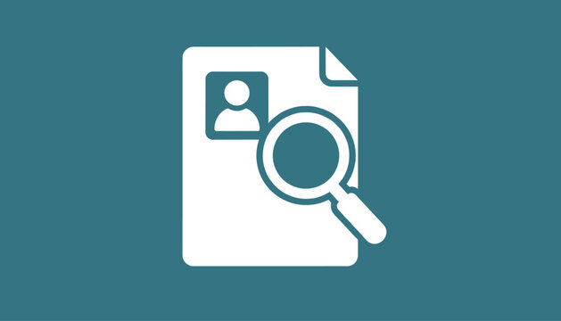 Recruitment and human resources icon showing a magnifying glass over a resume on a teal blue background.