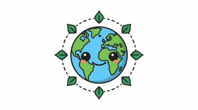 Cute Cartoon Earth Globe Character Surrounded by Green Leaves Icon for Sustainable Environment and Global Ecology Concepts