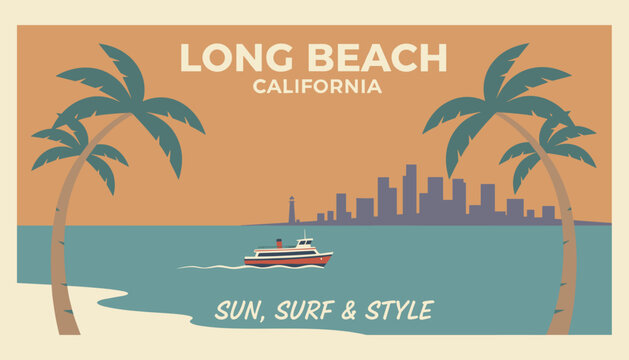 Stylized retro travel poster of Long Beach California with beautiful palm trees ocean waves and a motorboat.