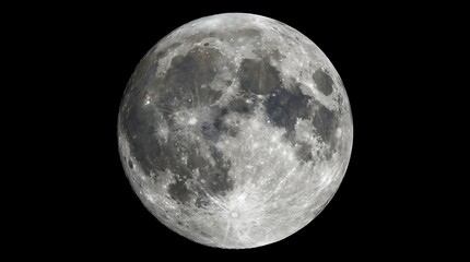 Fototapeta premium Full moon isolated on black background. Detailed lunar surface in the night sky.