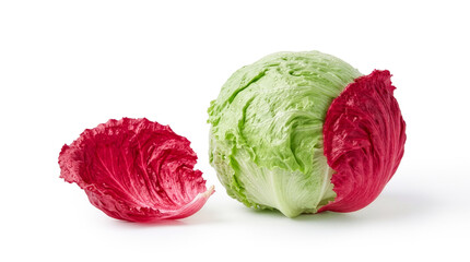 Fototapeta premium Cyclosporiasis outbreak and food contamination risk concept. Fresh green iceberg lettuce head with red warning leaf isolated on white background.