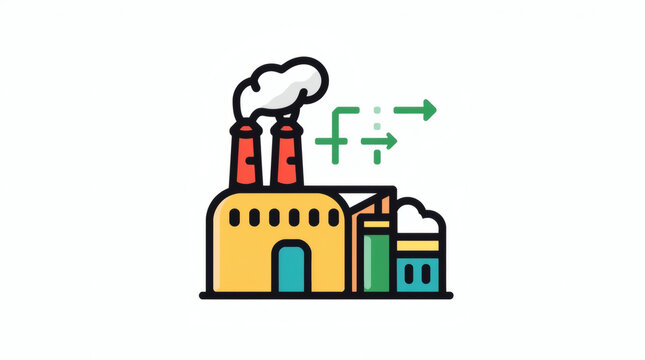 Industrial Factory Production Process Icon Showing Manufacturing Plant Emissions and Workflow Efficiency Symbols