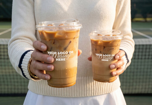 Logo Design Branding Mockup on Cold Coffee Holding Hands Tennis Scene